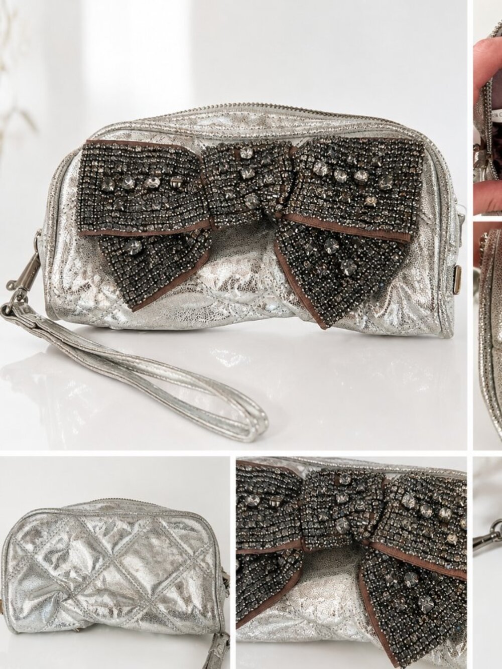 Deux Lux Silver Metallic Rhinestone Bow Wristlet Clutch | Glam Evening Bag